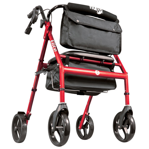 Elite Rollator Rolling Walker with Seat, Backrest and Saddle Bag, Garnet Red